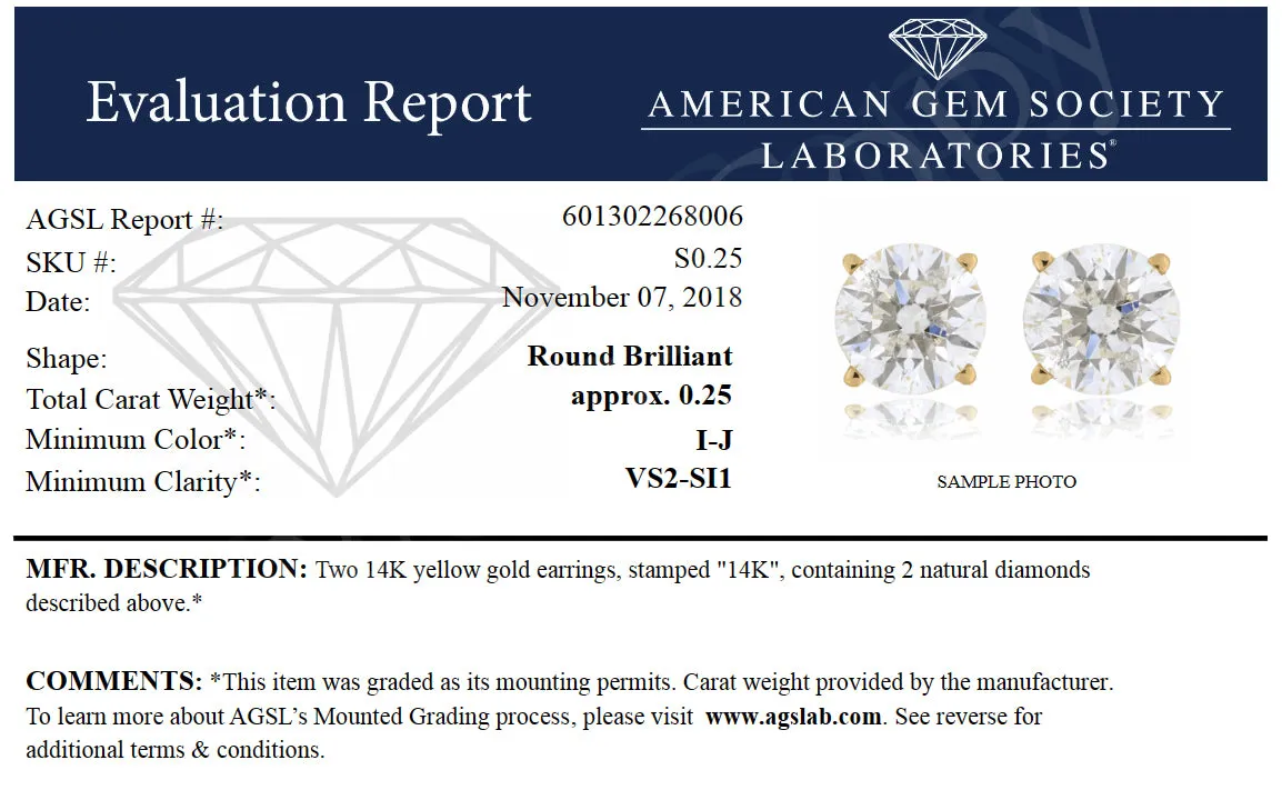 1/4 cttw SI2-I1 Certified Diamond Stud Earrings 14K Yellow Gold Round Screw Back