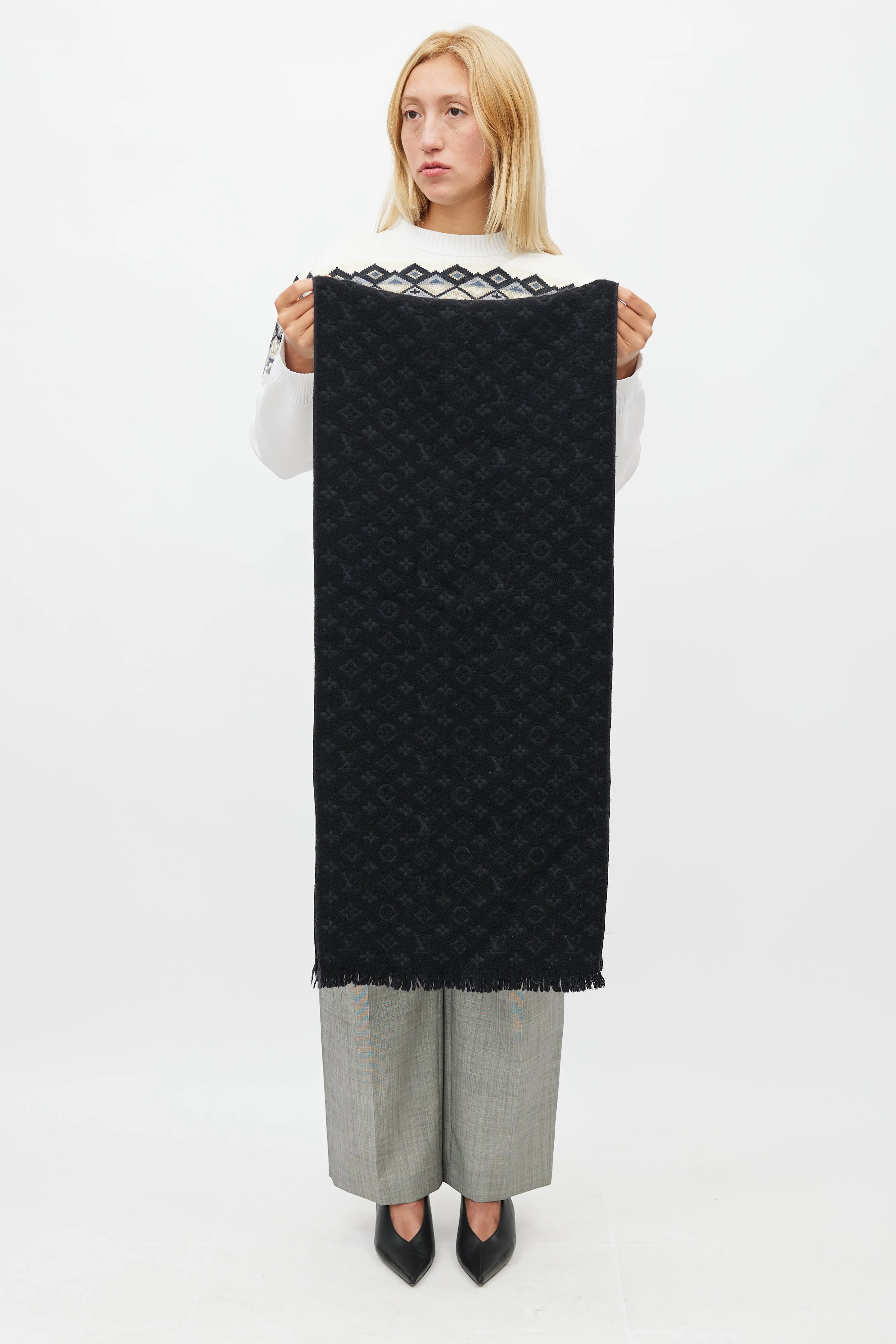 Black Wool Monogram Scarf