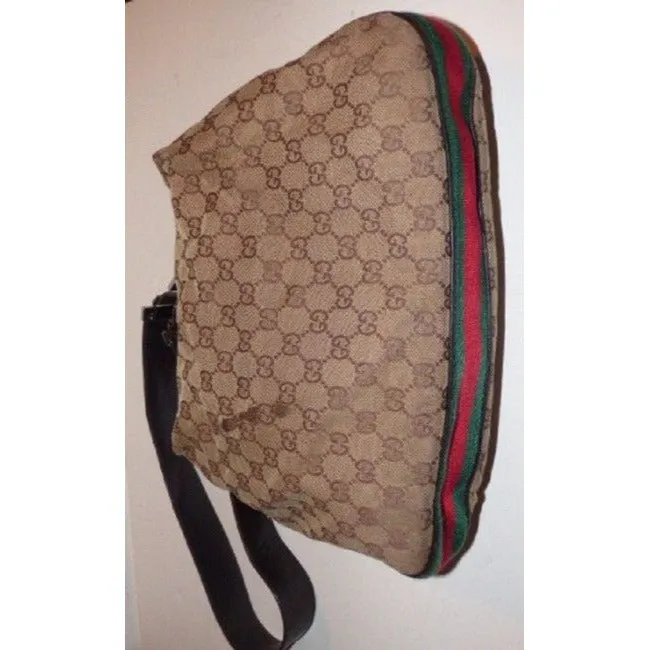 Gucci, brown large logo fabric/leather, large size, Tom Ford era 'Attache' hobo style bag with red/green stripe, G latch top & chrome hardware!