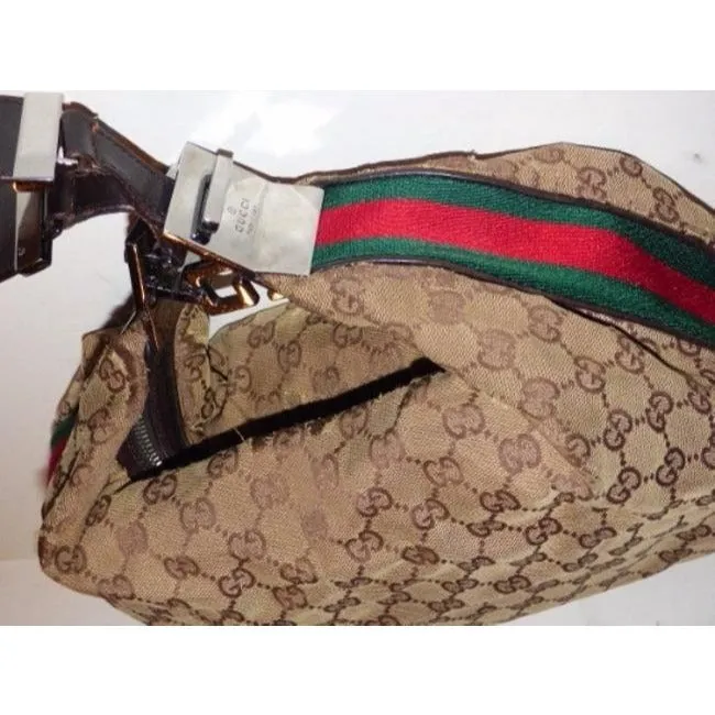Gucci, brown large logo fabric/leather, large size, Tom Ford era 'Attache' hobo style bag with red/green stripe, G latch top & chrome hardware!
