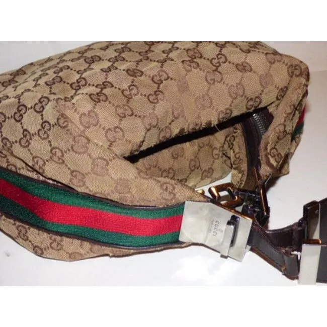 Gucci, brown large logo fabric/leather, large size, Tom Ford era 'Attache' hobo style bag with red/green stripe, G latch top & chrome hardware!