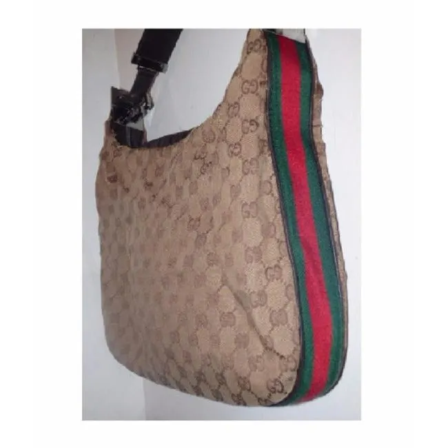 Gucci, brown large logo fabric/leather, large size, Tom Ford era 'Attache' hobo style bag with red/green stripe, G latch top & chrome hardware!