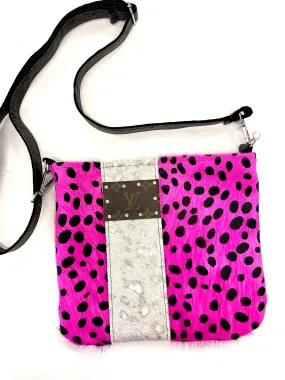 Medium Crossbody Hot pink pony hide HOH in black, rhinestone hardware