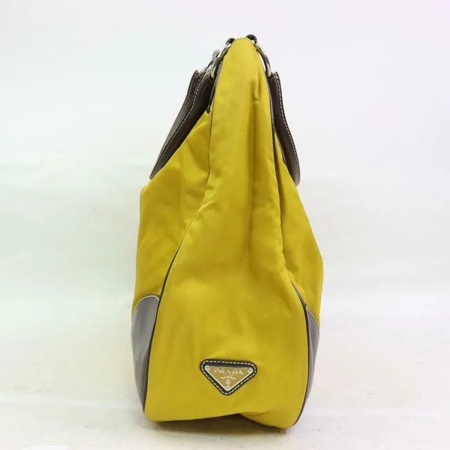 Prada Purse Yellow Canvas And Brown Leather With Chrome Hardware Satchel