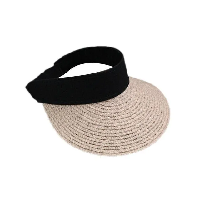 Simple Summer Straw Sun Hat Women Pearl Backable Sun Visor