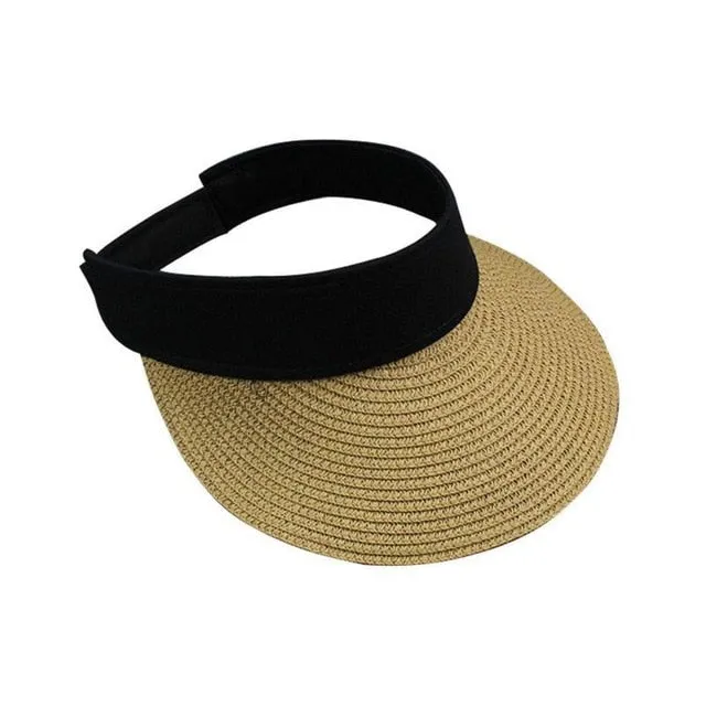Simple Summer Straw Sun Hat Women Pearl Backable Sun Visor