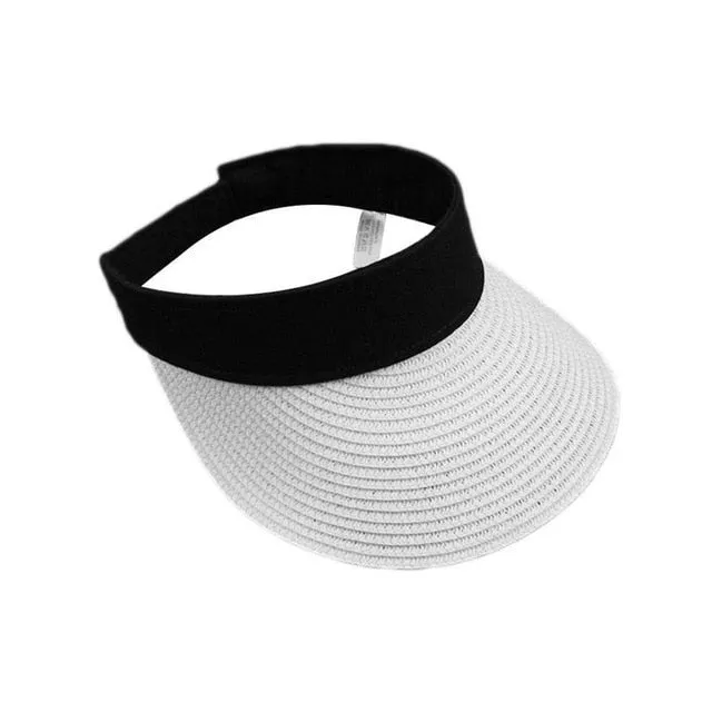 Simple Summer Straw Sun Hat Women Pearl Backable Sun Visor