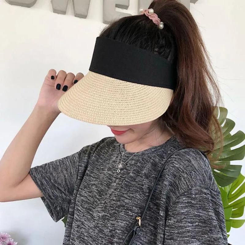 Simple Summer Straw Sun Hat Women Pearl Backable Sun Visor