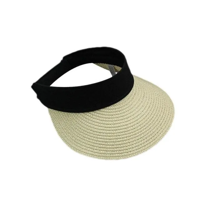 Simple Summer Straw Sun Hat Women Pearl Backable Sun Visor