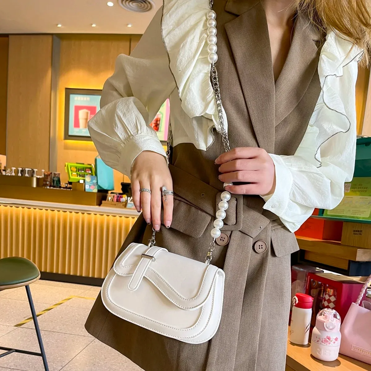 UAKISS  -  Vintage White Crossbody Bags Women Summer Chains Chic Solid Messenger Bag Female Saddle Harajuku Leather Mini Bag Y2k