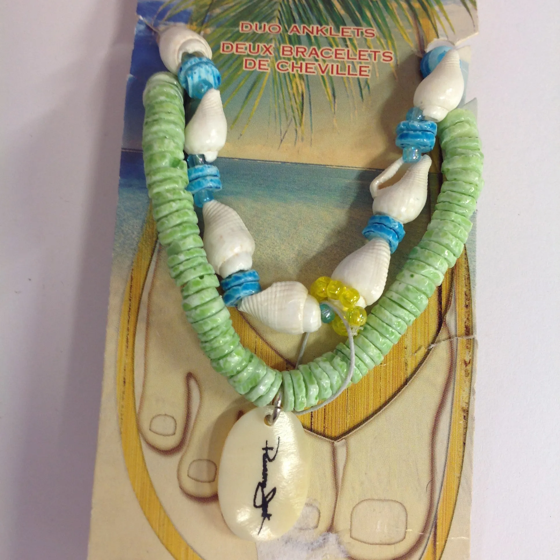 Vintage Authentic Panama Jack Duo Ankle Bracelet in Blue and Green Beads with White Shell